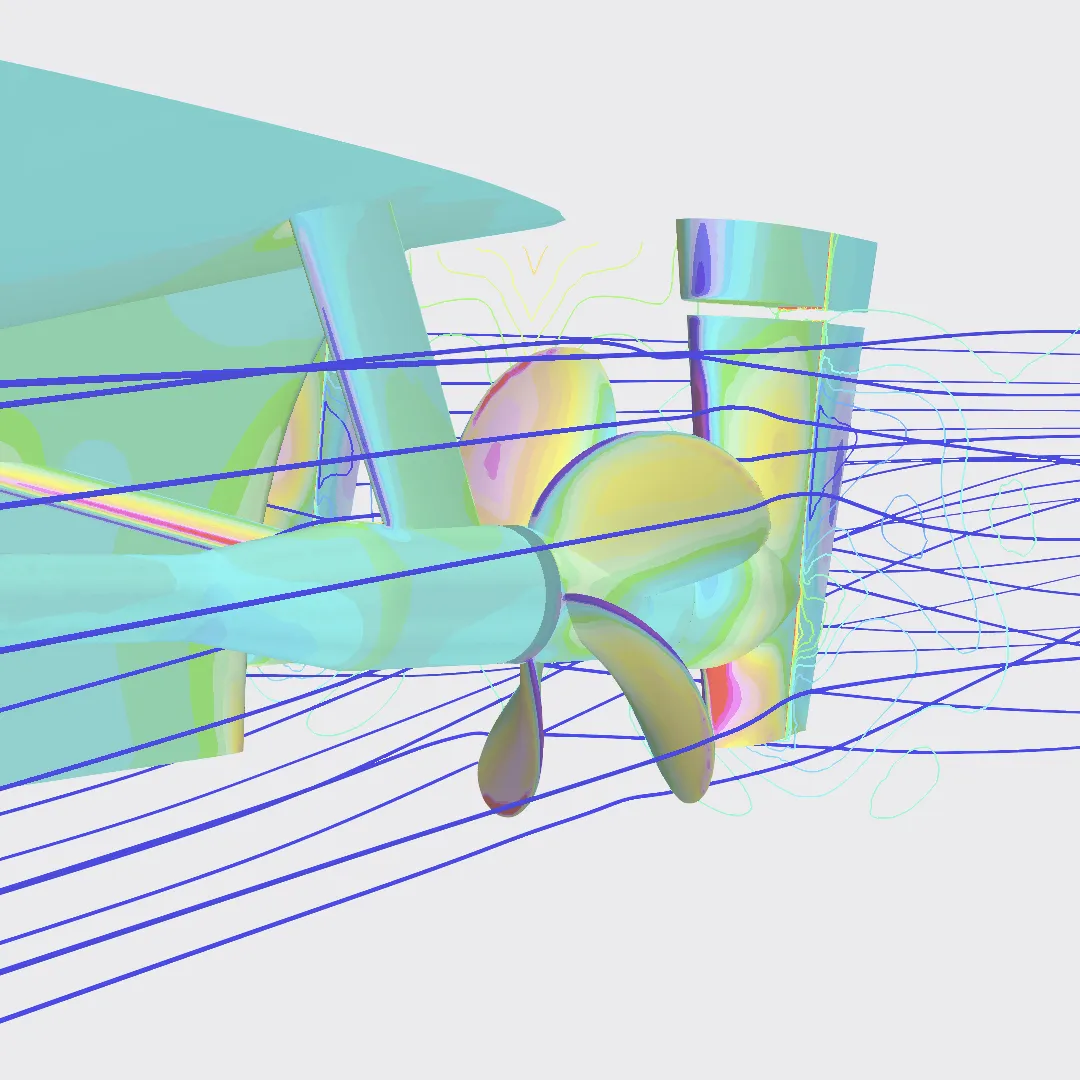 Example of the CFD analysis illustrating the hydrodynamic performance of the ship propeller and rudder.