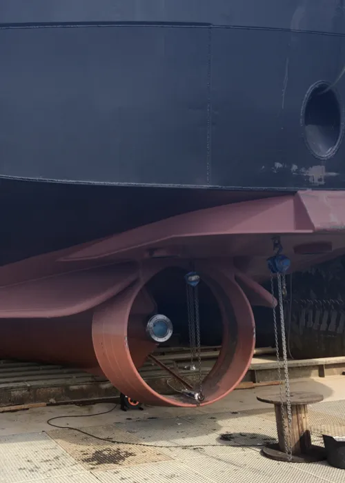 CFD-optimized propeller nozzle under a ship, as shown in the image.