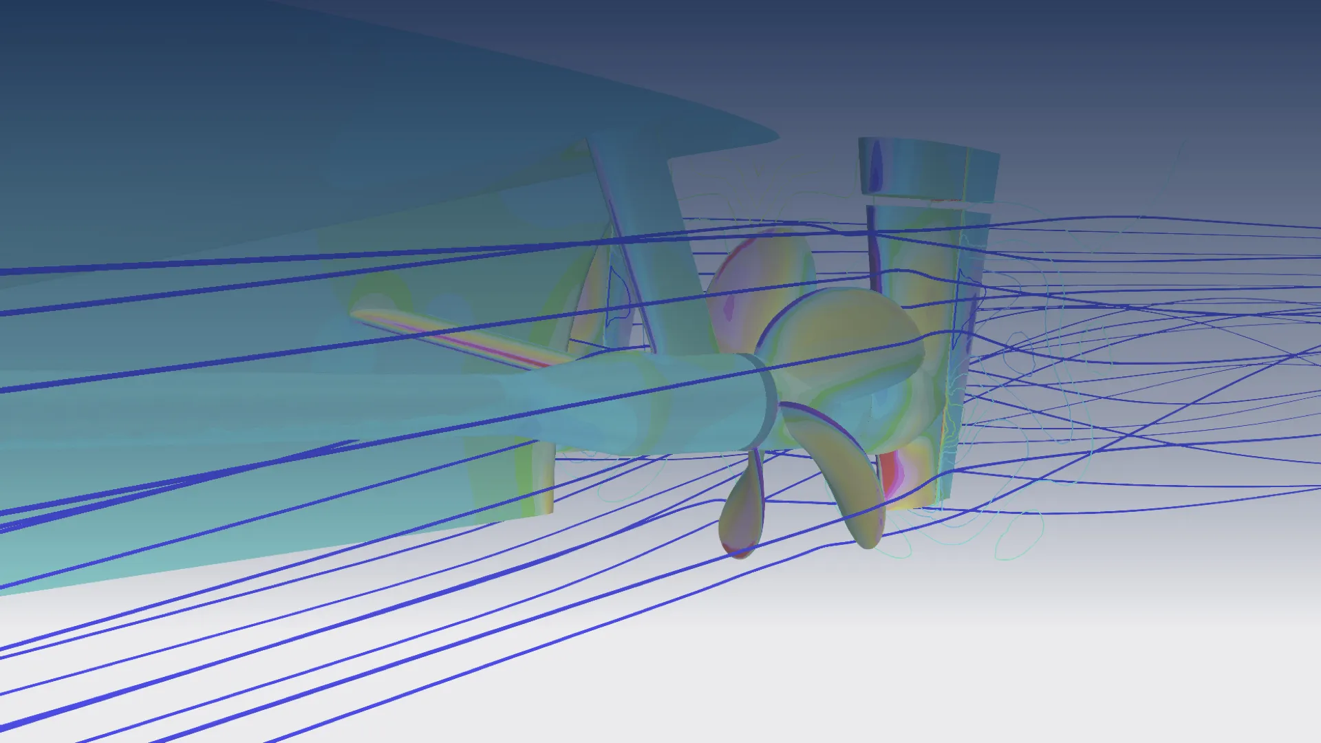 CFD simulation of an aft ship with modeled ship propeller and rudder, an illustration of CII services.