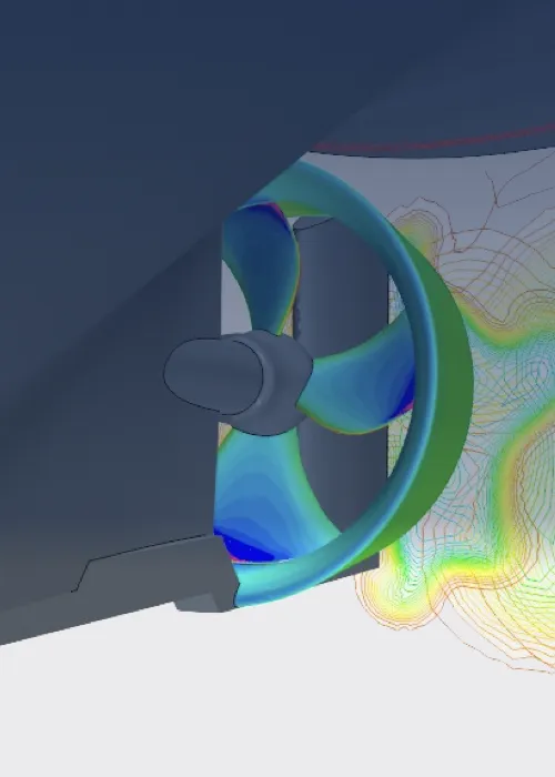 A CFD simulation to understand the dynamics between propulsion components in the aft ship.