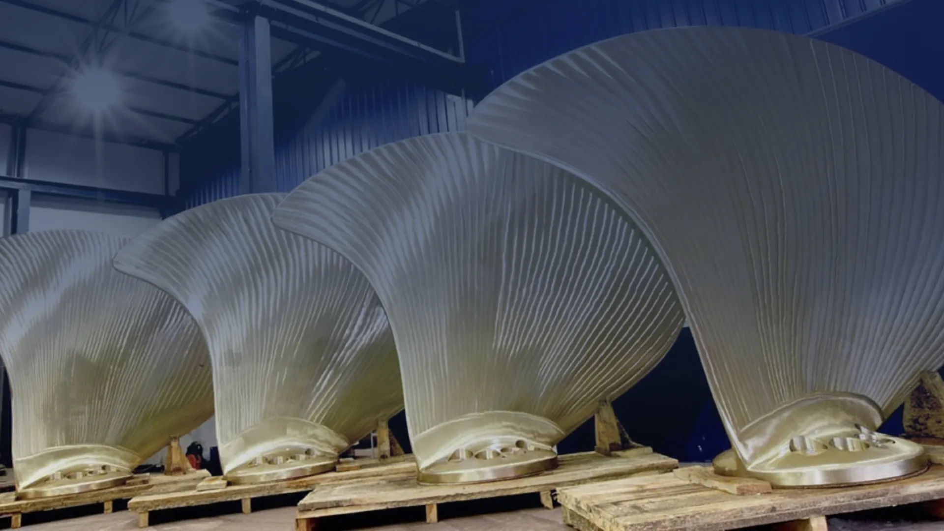 This image shows a practical example of Controllable Pitch Propeller (CPP) blades.