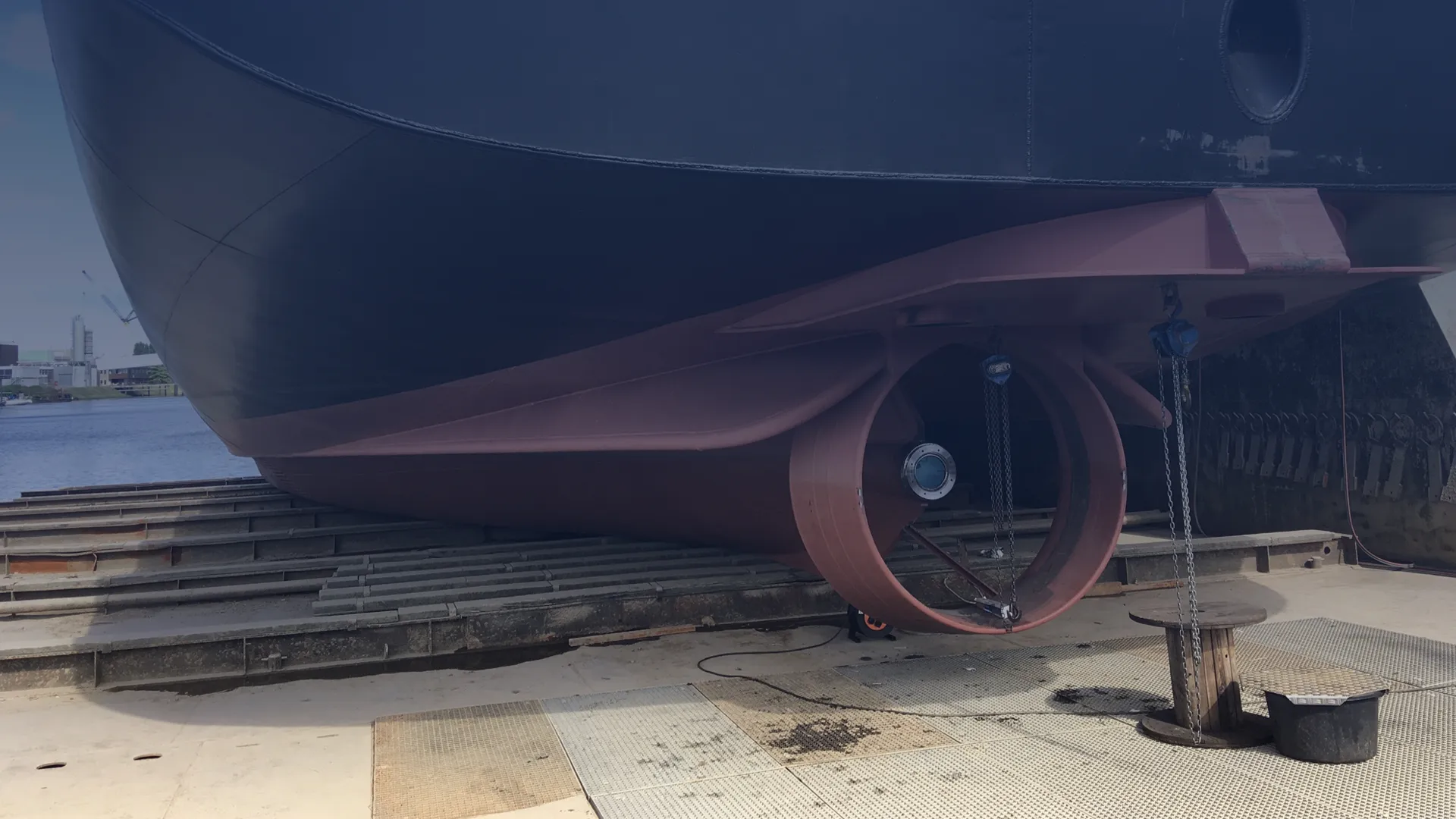 This image shows a CFD-optimized propeller nozzle placed under a ship.