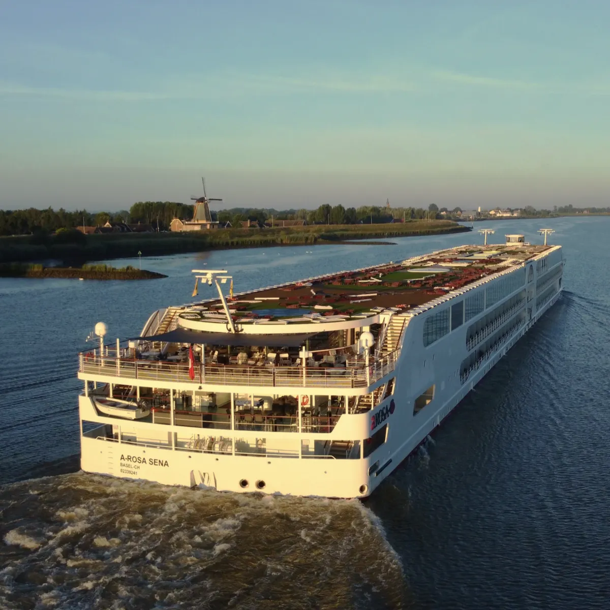 Rhine passenger ship with a waste heat recovery system for eco-friendly river cruising and sustainable shipping.