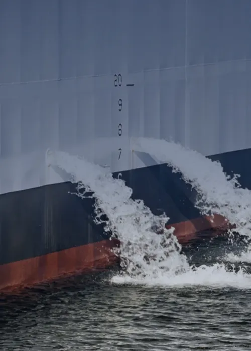 Ship discharges treated ballast water with BWTS to prevent the spread of harmful organisms.