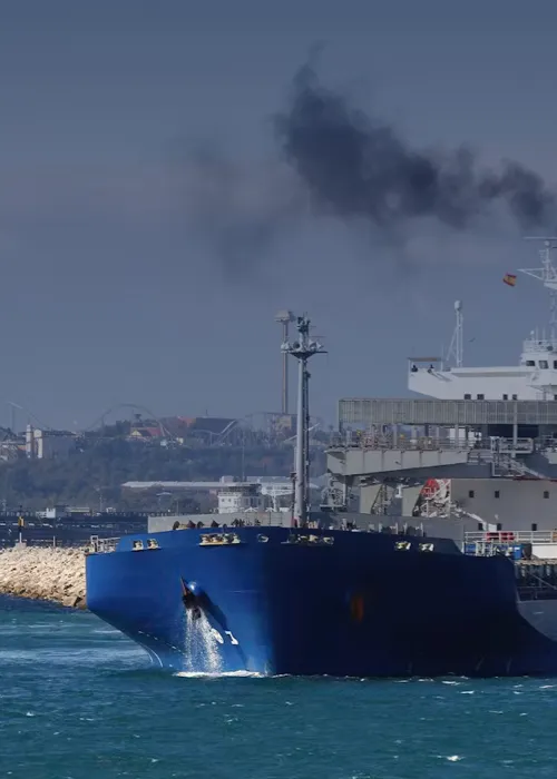 This ship, surrounded by fine particulate matter (PM) from the exhaust pipe, is a symbol of our future roadmap to emission-free sailing.